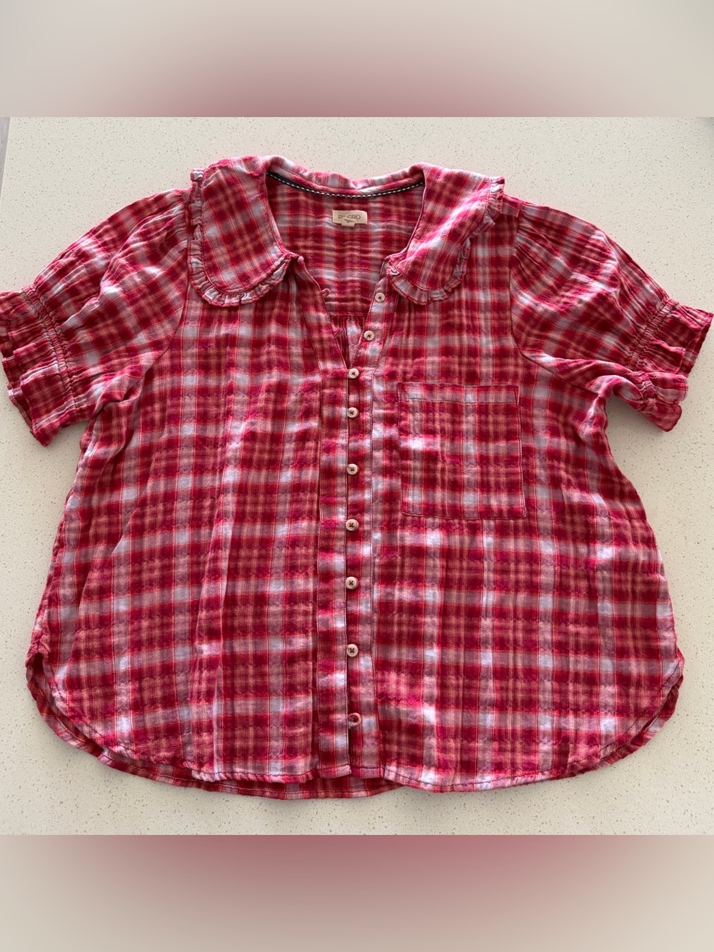 Pilcro Red Pink Plaid Button-Front Shirt Women’s Large Ruffle Collar